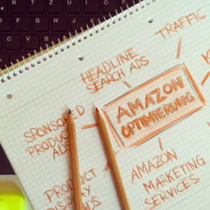 Visual representation of Amazon optimization techniques with handwritten notes and pencils.
